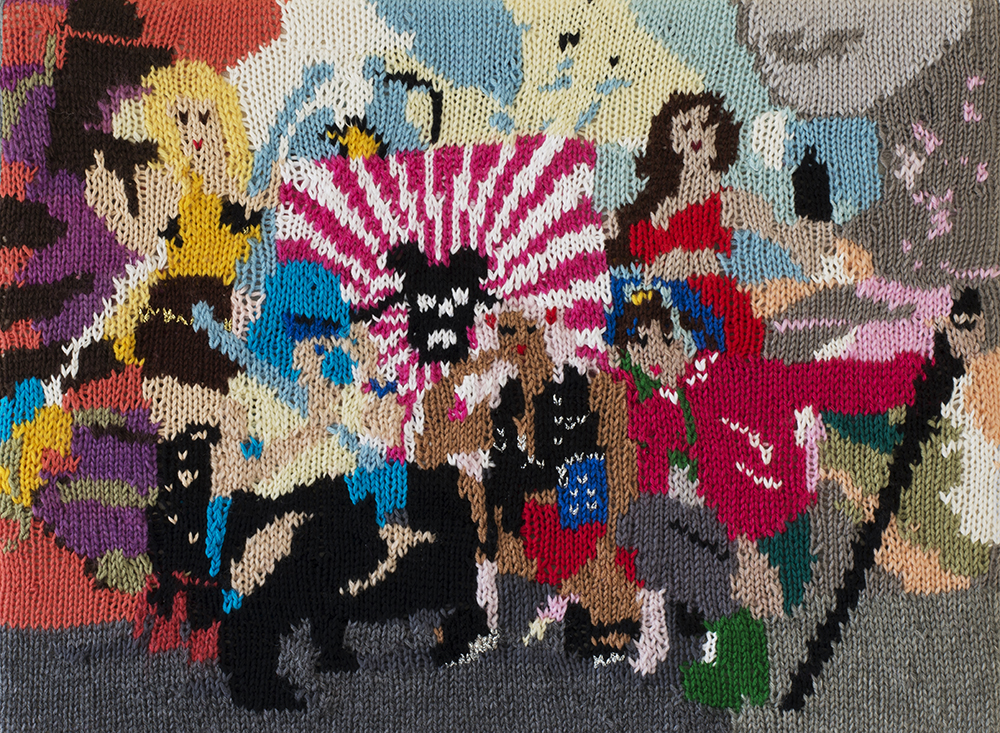 Kate Just, Feminist Fan # 8 (Sailor Moon Girl Gang Cosplay: Michelle Nguyen, Mandie Bettencourt, Ruby Rocket, Yume Ninja and Jennifer Newman, 2013), 2015, Hand knitted wool and acrylic yarns, canvas and timber, 15 x 20 inches. Image courtesy of artist.