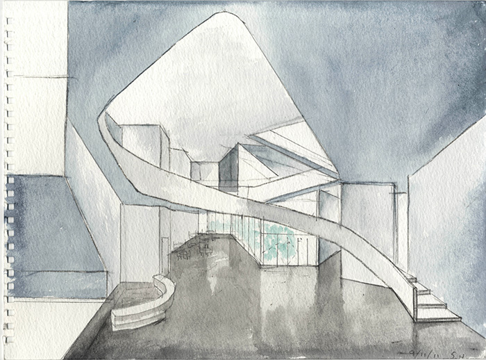 Early watercolor sketch of the I C A by Steven Holl Architects