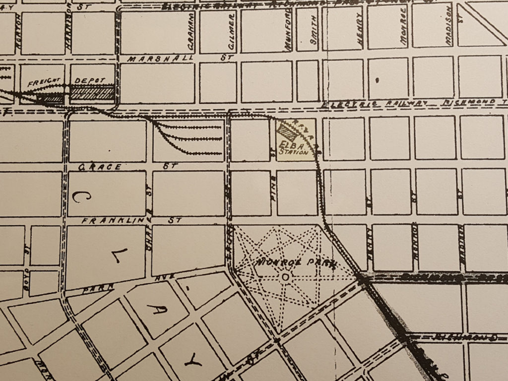 Old map of Richmond featuring Monroe Park and the old Elba Station