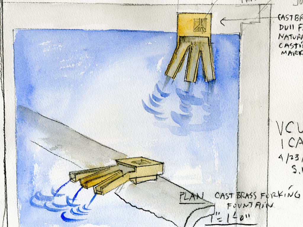 Watercolor of the ICA Belvidere entrance fountain