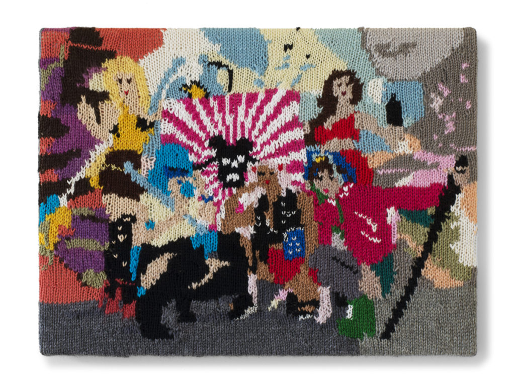 Kate Just, Feminist Fan # 8 (Sailor Moon Girl Gang Cosplay: Michelle Nguyen, Mandie Bettencourt, Ruby Rocket, Yume Ninja and Jennifer Newman, 2013), 2015 Hand knitted wool and acrylic yarns, canvas and timber 15 x 20 inches Photograph by Simon Strong Collection: Kaisa Kontturi
