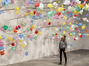 Pascale Marthine Tayou, Plastic Tree, 2014-2015 branches, plastic bags Variable dimensions Exhibition view Art Basel Unlimited - Basel, Switzerland, 2015 Courtesy the artist and GALLERIA CONTINUA, San Gimignano / Beijing / Les Moulins / Habana Photo by Andrea Rossetti