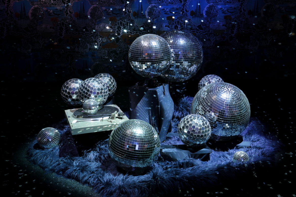 Cauleen Smith Installation Shot. "Space Station Monk-Ranger," 2013. A remix of sculpture: Wallpaper, disco balls, turntable, motor, fur, shag carpet, 2 projectors, DVD