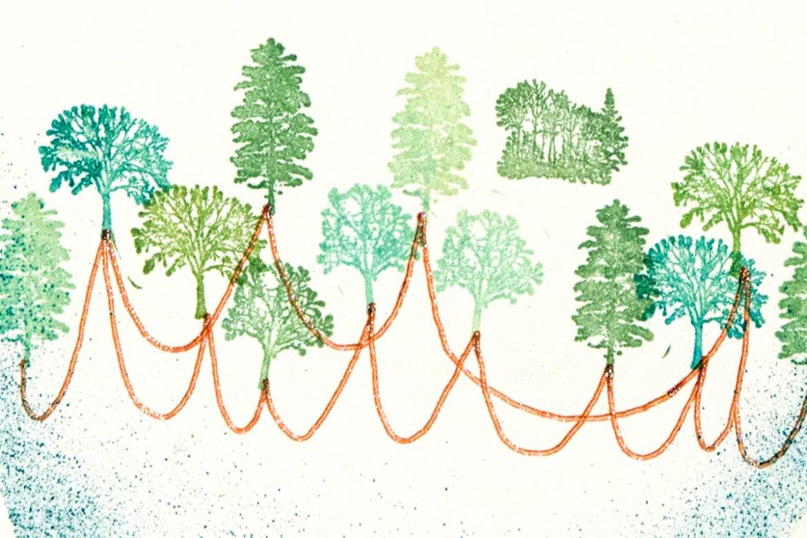 Blue and green artwork of trees by artist Brooke Inman