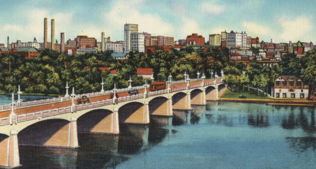 Antique colorful Postcard of Richmond showing the Mayo Bridge