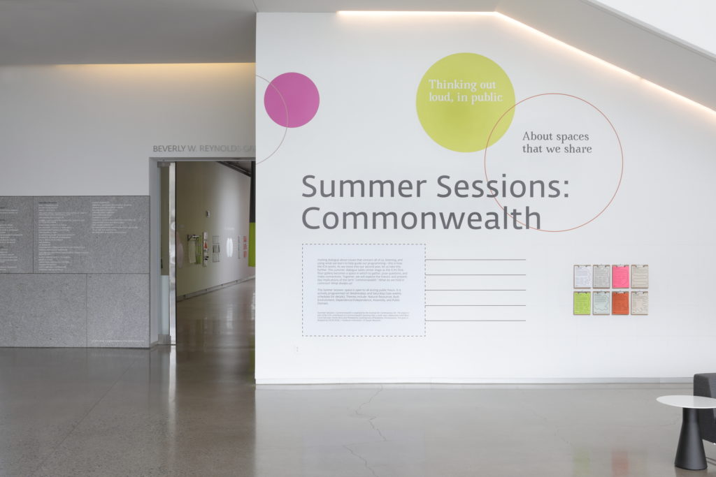 A large white wall contains text and images introducing the Summer Sessions exhibition at the ICA